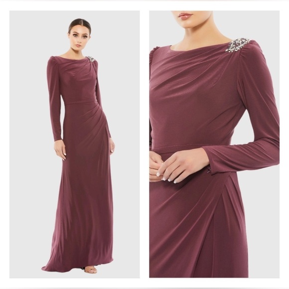 MAC DUGGAL 55695 NWT Draped Bateau Long Sleeve Trumpet Gown in mauve - Picture 1 of 8